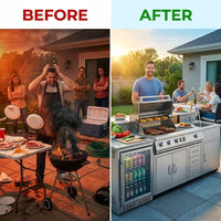 BBQ Island Outdoor Kitchen Kits, 4-Burner 72000 BTU Stainless Steel Modular 98 Inch Natural Gas Outdoor Kitchen Bar Barbecue Island Grill with Refrigerator and Sink for Patio Backyard — Before & After