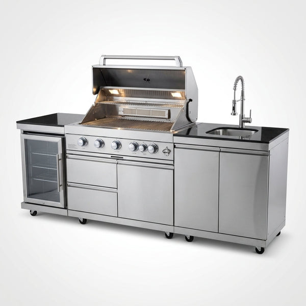 BBQ Island Outdoor Kitchen Kits, 4-Burner 72000 BTU Stainless Steel Modular 98 Inch Natural Gas Outdoor Kitchen Bar Barbecue Island Grill with Refrigerator and Sink for Patio Backyard — Studio Shot