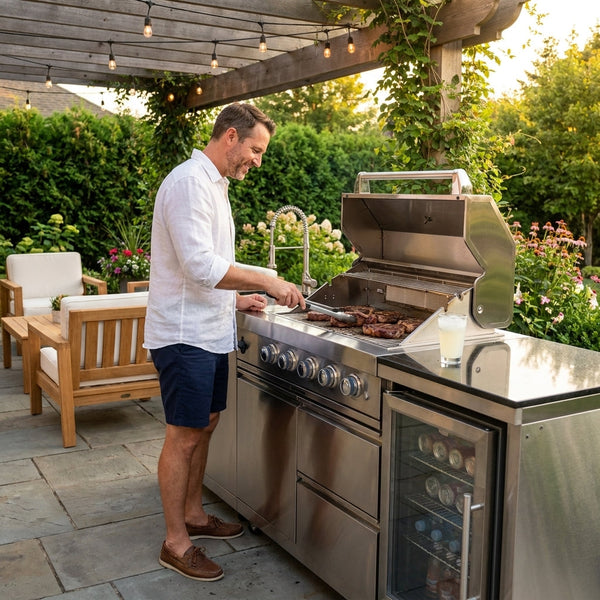 Outdoor Kitchen Island Designed for Complete Backyard Cooking, 4-Burner 72000 BTU Gas Grill, Refrigerator, Sink